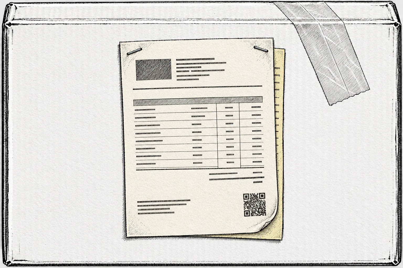 Ilustración: comprobante electrónico grapado a una caja de cartón