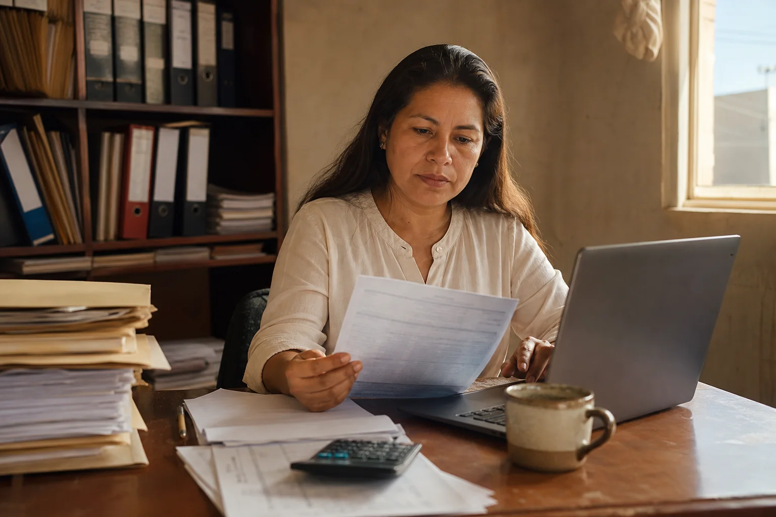 Contadora revisando comprobantes en su escritorio