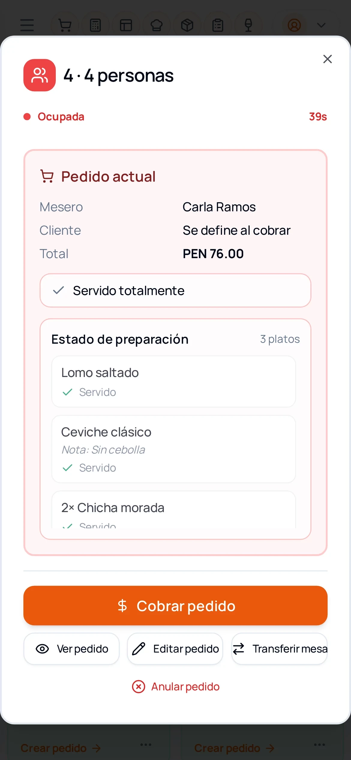 Pedido de la mesa 4 servido, con el botón Cobrar pedido