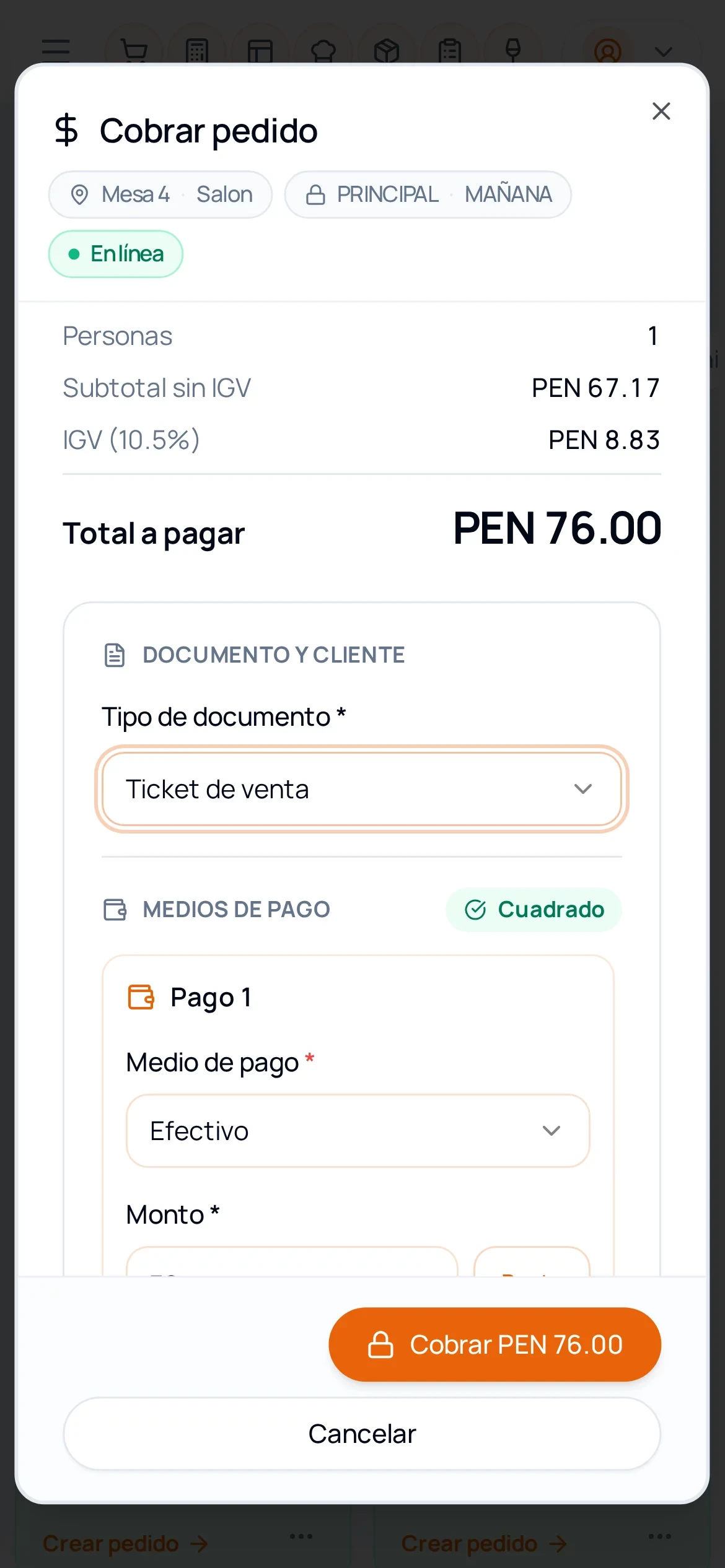 Cobro de PEN 76.00 con tipo de documento y medio de pago