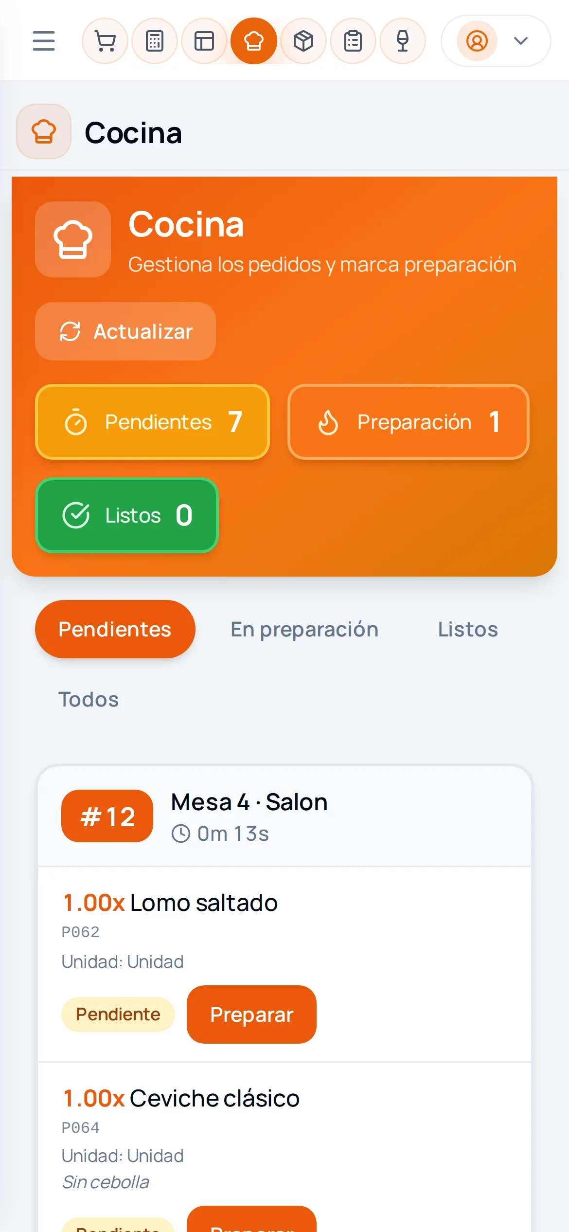 Pantalla de cocina con el pedido 12 de la mesa 4 pendiente