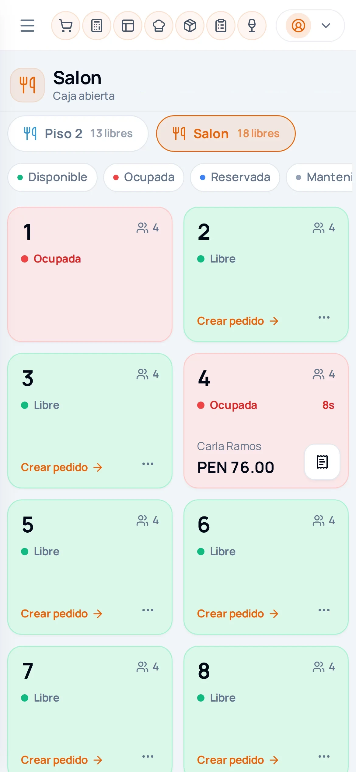 La mesa 4 ocupada con PEN 76.00