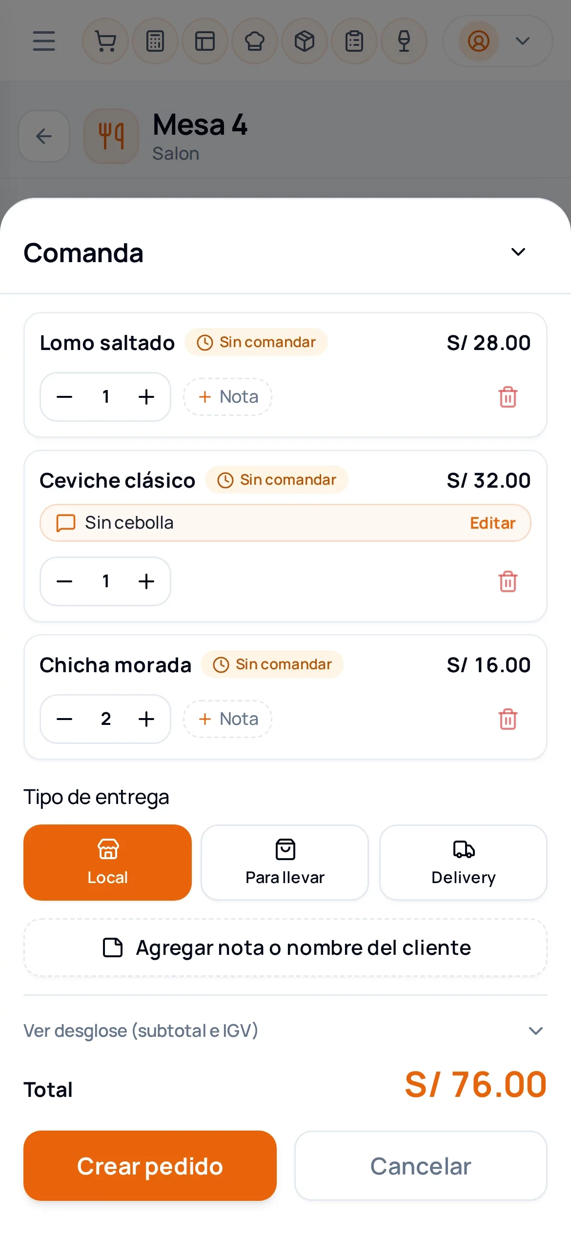 Comanda de la mesa 4 con la nota Sin cebolla y el botón Crear pedido, total S/ 76.00