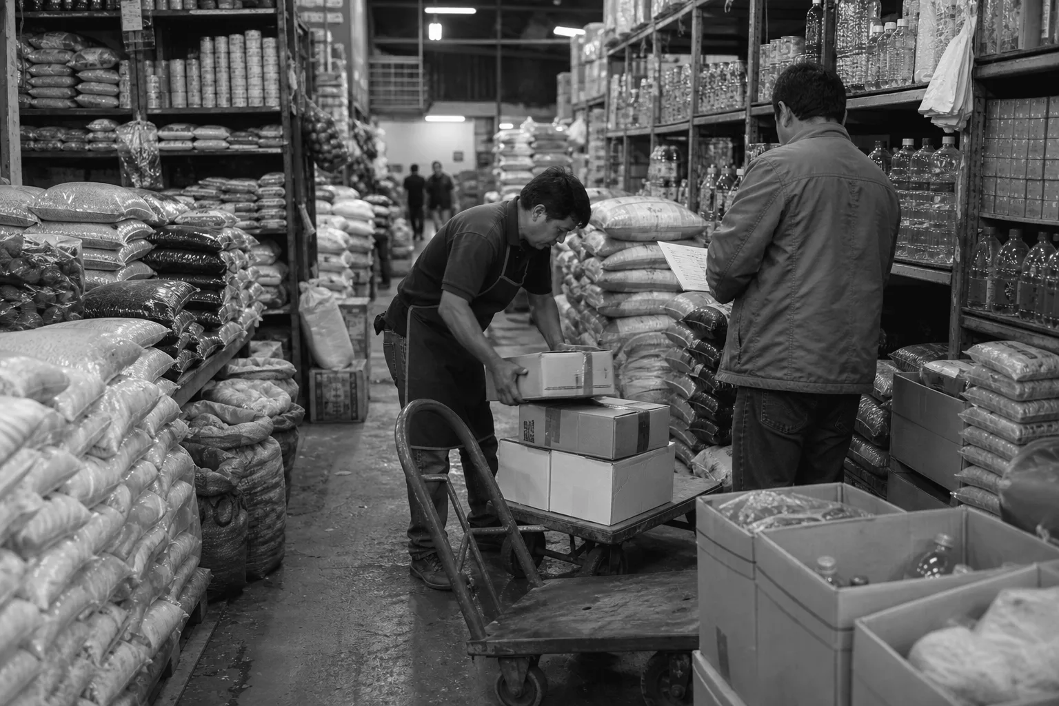 Pasillo de un mercado mayorista de abarrotes, con sacos de granos y cajas apiladas mientras un trabajador prepara un pedido para un comprador
